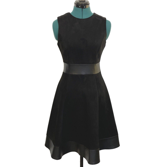 Calvin Klein Black Fit and Flare Dress‎ Faux Suede with Leather Trim Size 2 EUC - Picture 1 of 9